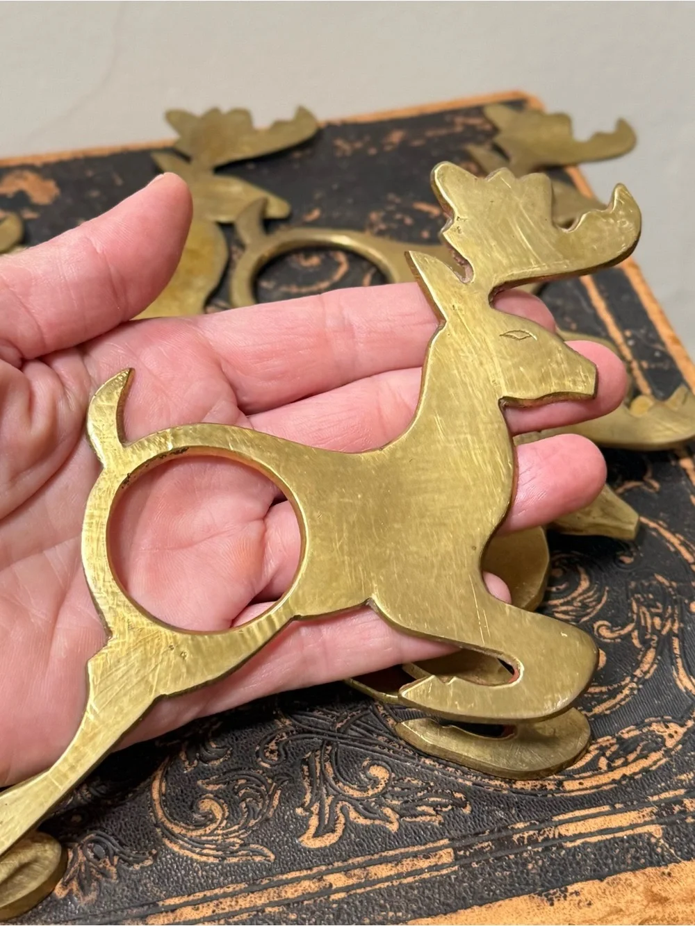 Set Of 10 Vintage India Brass Reindeer Napkin Rings Christmas Holiday Very Nice!